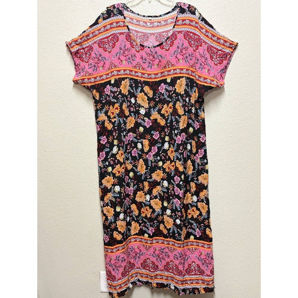 Womens Plus 4XL Black Pink Orange Purple Floral Shift Dress Rayon Knee Length
